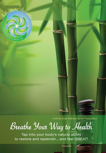Promotional poster for a wellness series on breathing for health with Breathe Your Way to Health (Digital Audio File) and stacked stones imagery.