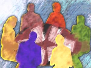 Colorful silhouettes of six people sitting around a table with books, depicted in a vibrant, abstract art style.