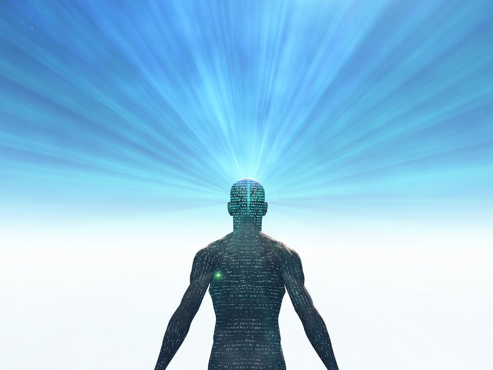 Digital human silhouette with light rays emanating from the head against a blue sky background.