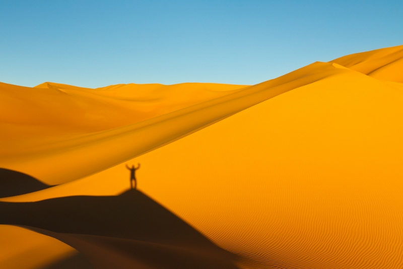 A person standing on a sand dune with raised arms casting a long shadow in the desert.