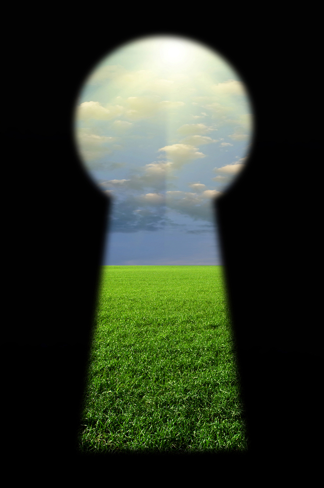 A keyhole view revealing a vibrant green field under a sunny sky with clouds.