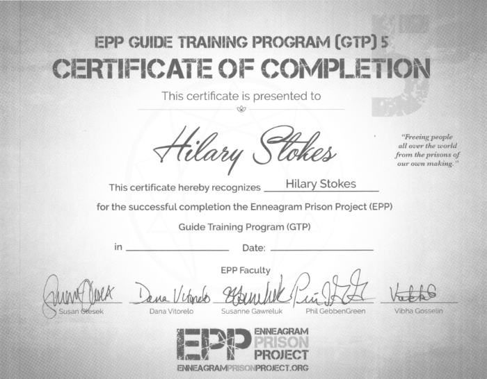 A grayscale image of a certificate of completion from the epp guide training program (gtp), awarded to hilary stokes.