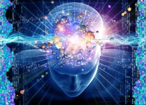 Digital illustration of a human head with glowing neural networks, molecular structures, and data streams representing artificial intelligence and complex thinking.