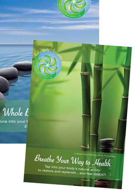 Brochure for a wellness program featuring Meditation Bundle (Digital Audio File) and focusing on breathing techniques to promote health.