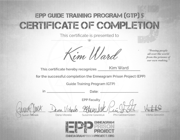 A faded image of a certificate from the enneagram prison project guide training program, presented to kim ward, with signatures at the bottom.