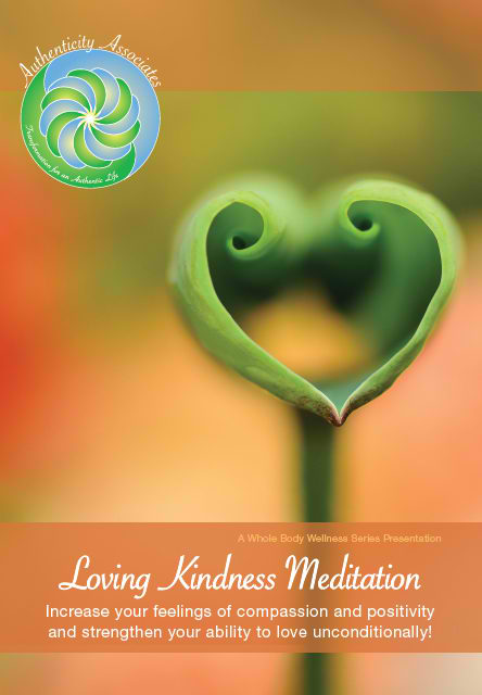 A promotional poster for a Loving Kindness Meditation (Digital Audio File) event featuring a green plant with its stems forming a heart shape.