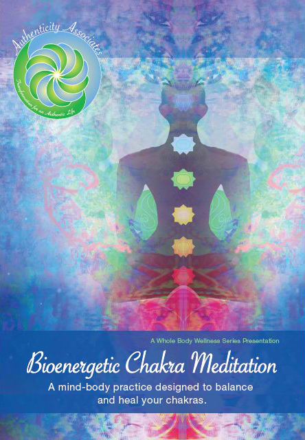 Meditative figure with chakras aligned against a colorful, abstract background, advertising Bioenergetic Chakra Meditation (Digital Audio File) for wellness and balance.
