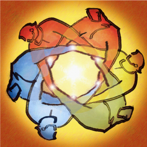 Abstract illustration of four colorful teapots arranged in a circular formation with a glowing center, set against a gradient orange and yellow background.