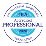 Round logo of the international enneagram association labeled "iea accredited professional 2020" with a blue and white color scheme.