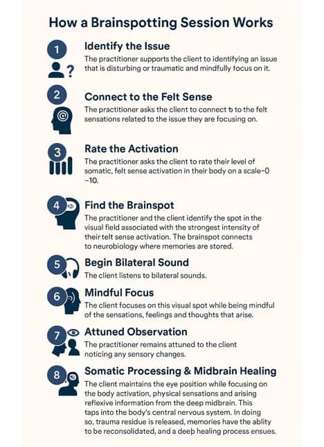 Infographic explaining the eight steps of a Brainspotting session, from identifying the issue to healing through somatic processing and midbrain activity.