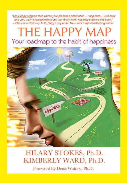 Illustration of a map leading to a destination labeled 'happiness,' with a figure running towards it, featured on the cover of a book titled "The Happy Map: Your roadmap to the habit of happiness" by Kimberly Ward, Ph.D.