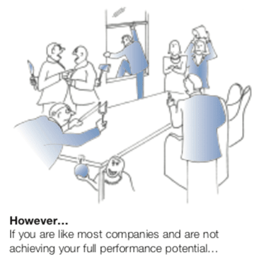 drawing of employees doing different activities around a long table inside a room