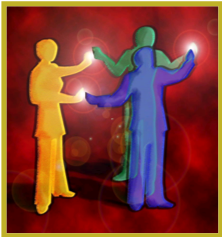 Three colored silhouettes, yellow, green, and blue, stand facing each other with outstretched arms, touching glowing orbs, on a red background.